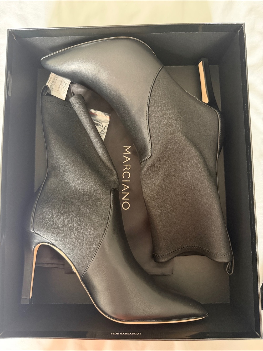 Marciano Black Pointed Toe Stretch Leather Ankle Booties
